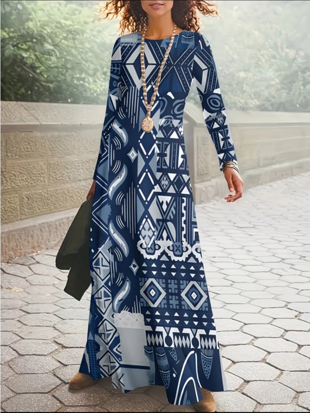 Navy Geometric Long Sleeve Maxi Dress